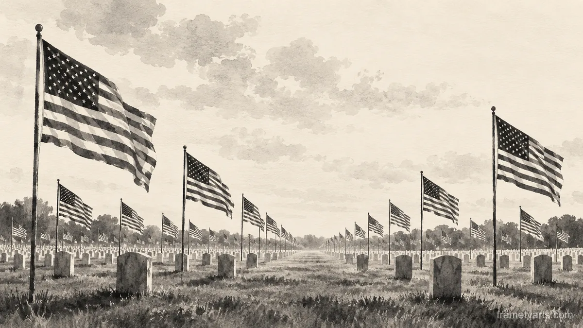 Memorial Day rows of flags on a green field – monochrome minimalist abstraction Samsung Frame TV art, 4K