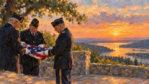 Veterans folding a flag at dusk – impressionist oil painting Frame TV art