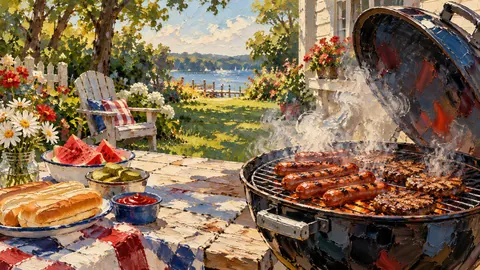 Hot dog grill smoke on a summer backyard – expressive palette-knife painting Frame TV art