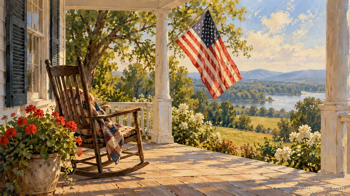 Rocking chair and flag on a Southern porch – tonal oil painting Samsung Frame TV art, 4K