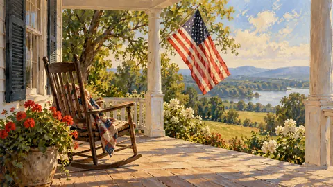 Rocking chair and flag on a Southern porch – tonal oil painting Frame TV art
