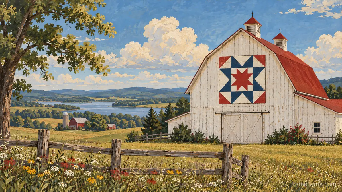 Barn quilt square on a white barn – americana folk painting Samsung Frame TV art, 4K