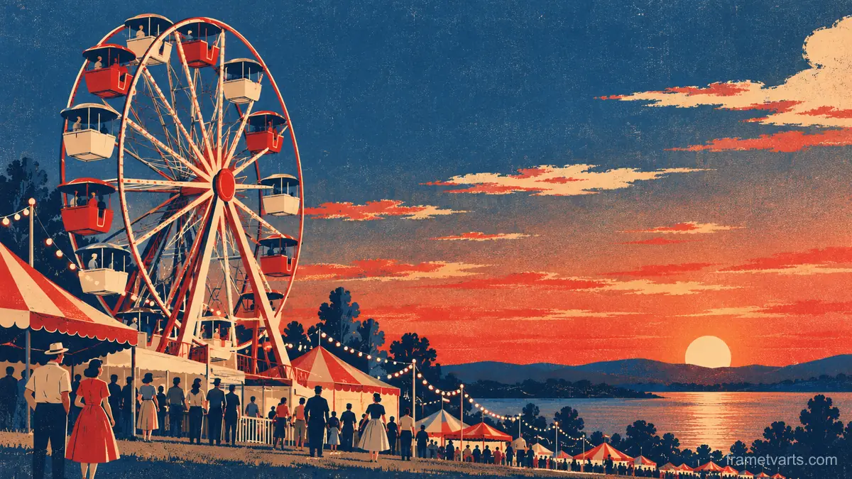 Country fair Ferris wheel at dusk – retro mid-century illustration Samsung Frame TV art, 4K