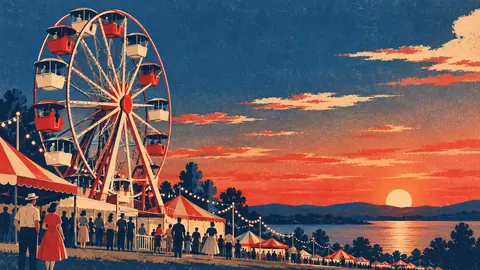 Country fair Ferris wheel at dusk – retro mid-century illustration Frame TV art