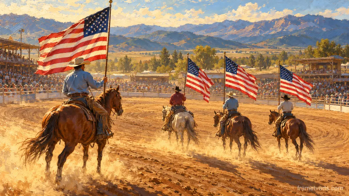 Rodeo cowboys holding flags in an arena – classic western oil painting Samsung Frame TV art, 4K