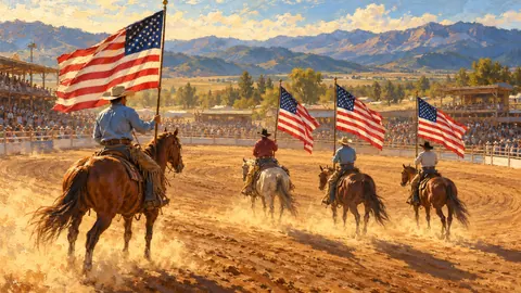 Rodeo cowboys holding flags in an arena – classic western oil painting Frame TV art