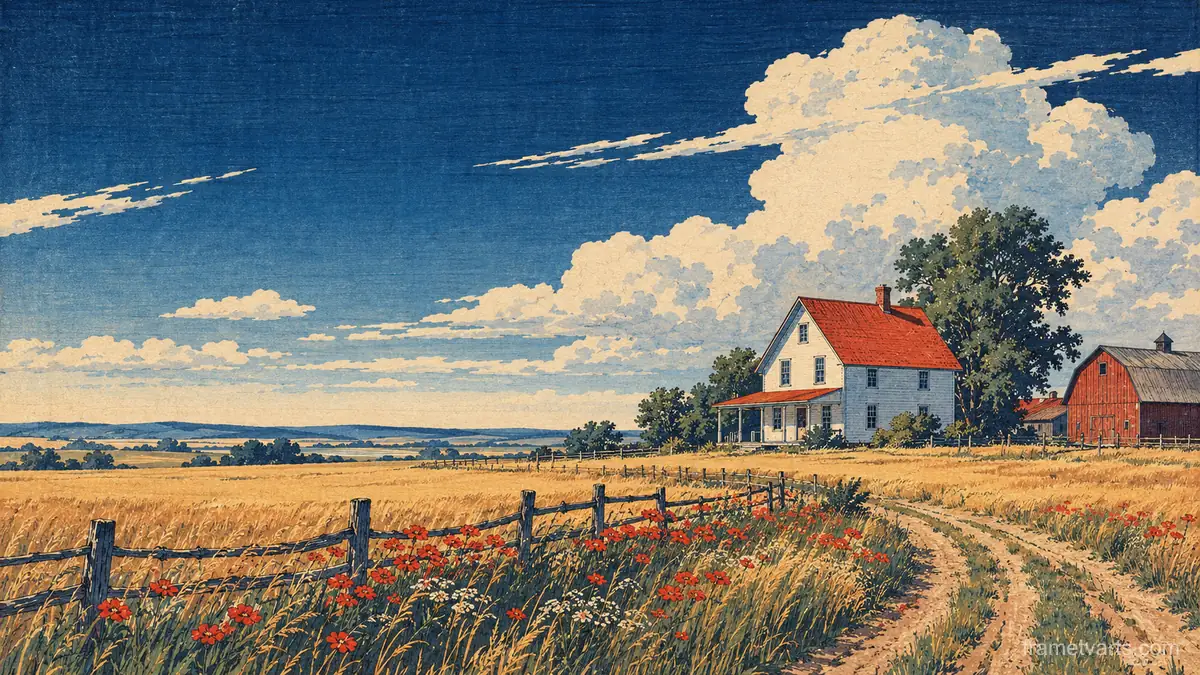 Prairie farmhouse under a vast summer sky – japanese-inspired woodblock print Samsung Frame TV art, 4K