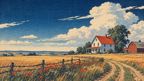 Prairie farmhouse under a vast summer sky – japanese-inspired woodblock print Frame TV art