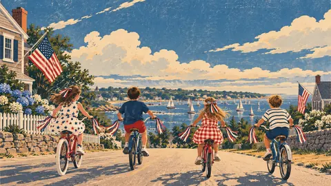 Kids on bicycles with streamers on the Fourth of July – retro mid-century illustration Frame TV art
