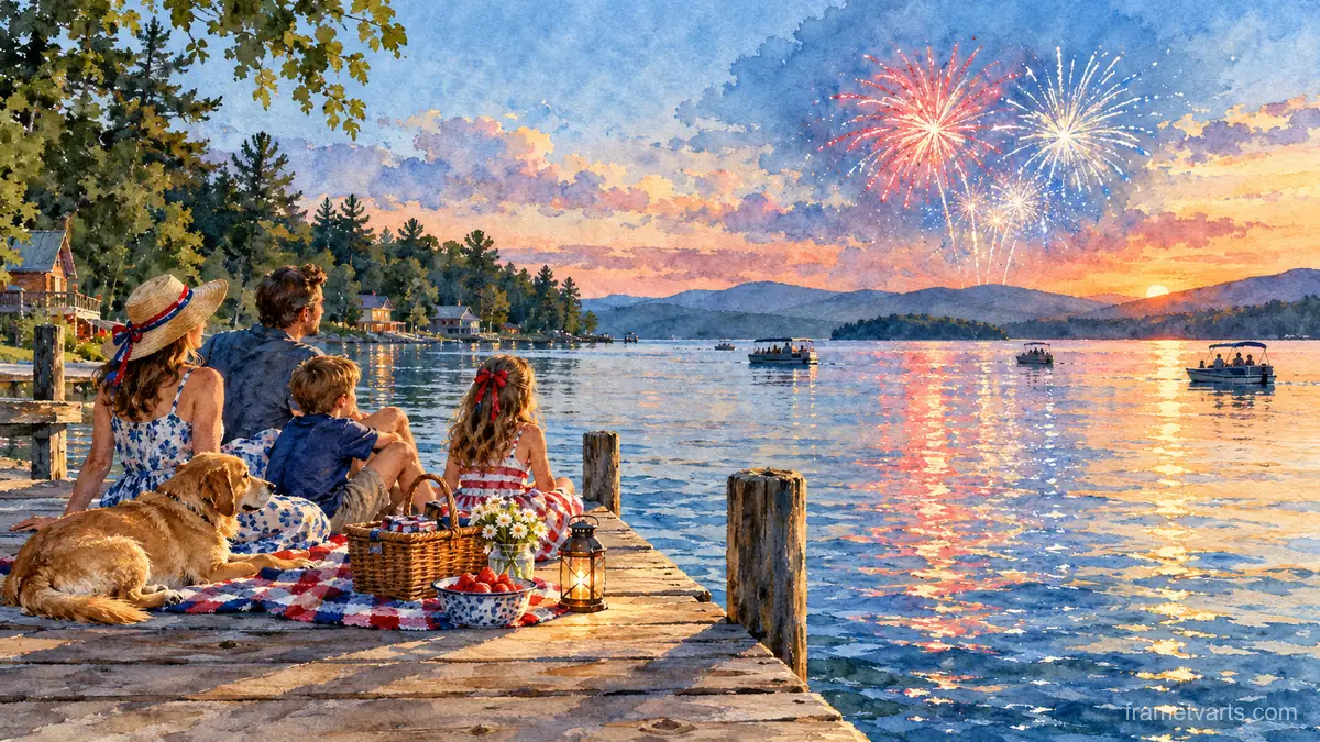 Independence Day picnic on a lakeside dock – loose watercolor Samsung Frame TV art, 4K