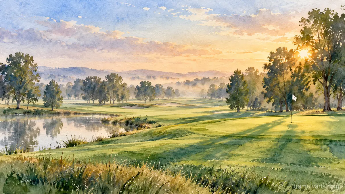 Parkland fairway in morning mist – loose watercolor Samsung Frame TV art, 4K