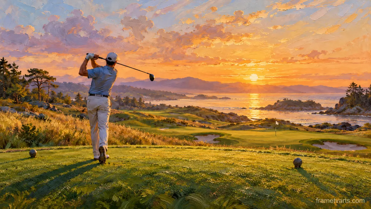Golfer teeing off at sunrise, seen from behind – atmospheric oil painting Samsung Frame TV art, 4K