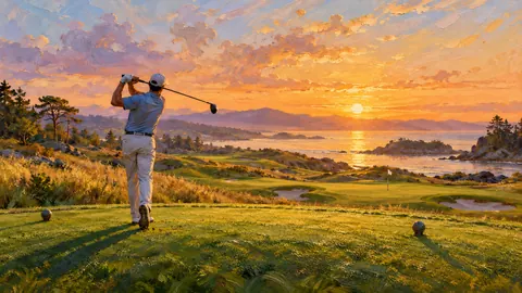Golfer teeing off at sunrise, seen from behind – atmospheric oil painting Frame TV art