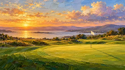 Putting green with a plain flag at golden hour – expressive palette-knife painting Frame TV art