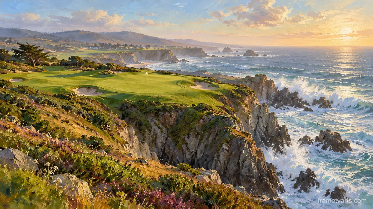 Clifftop golf hole above crashing waves – atmospheric oil painting Samsung Frame TV art, 4K