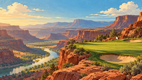 Golf hole in a red-rock canyon – vintage travel poster illustration Frame TV art