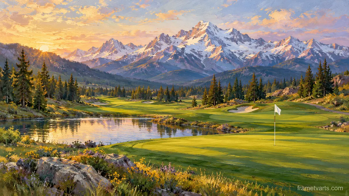 Mountain golf course with snowy peaks behind – impressionist oil painting Samsung Frame TV art, 4K