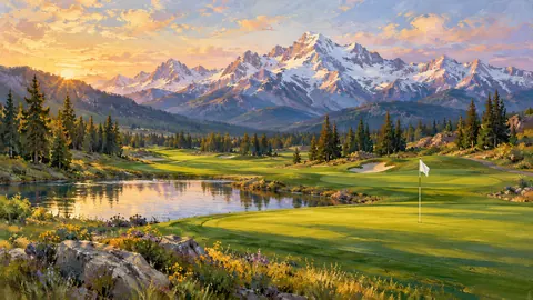 Mountain golf course with snowy peaks behind – impressionist oil painting Frame TV art