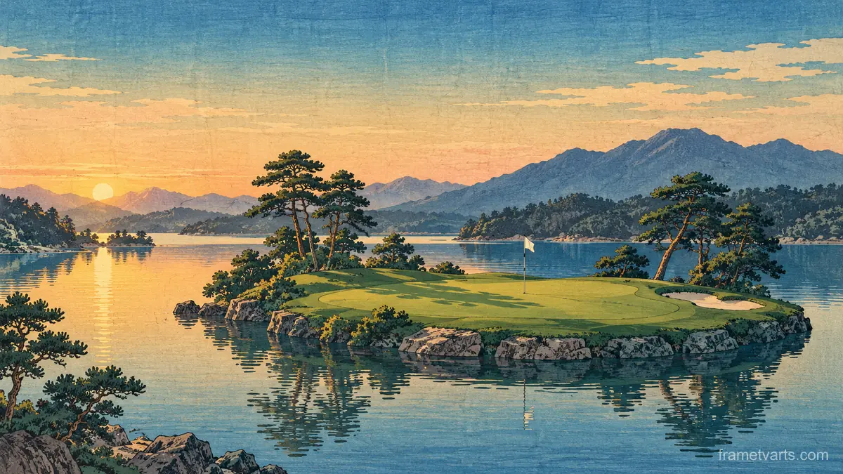 Island green in a still lake – japanese-inspired woodblock print Samsung Frame TV art, 4K