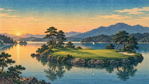Island green in a still lake – japanese-inspired woodblock print Frame TV art