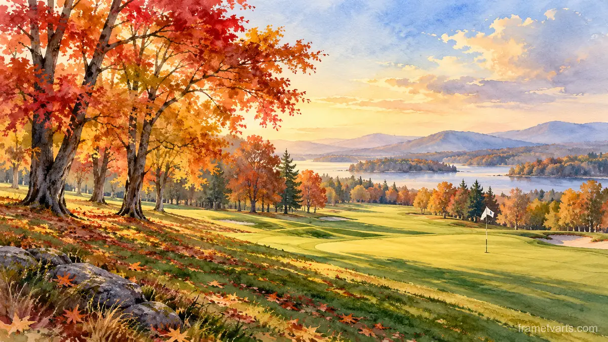 Autumn fairway lined with maples – elegant watercolor Samsung Frame TV art, 4K