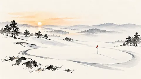 Snow-covered golf course at dawn – minimal ink and wash Frame TV art