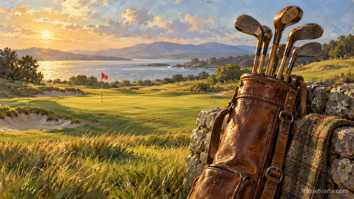 Vintage hickory-shafted clubs in a leather bag – tonal oil painting Samsung Frame TV art, 4K