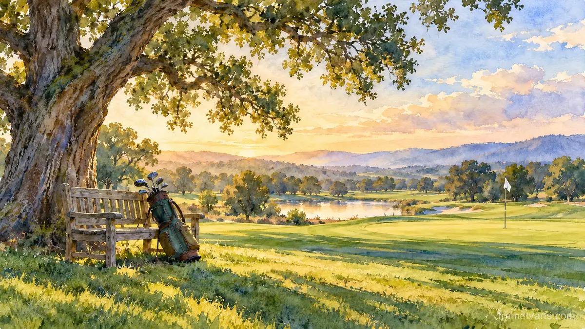 Golf bag leaning on a bench under an oak – loose watercolor Samsung Frame TV art, 4K