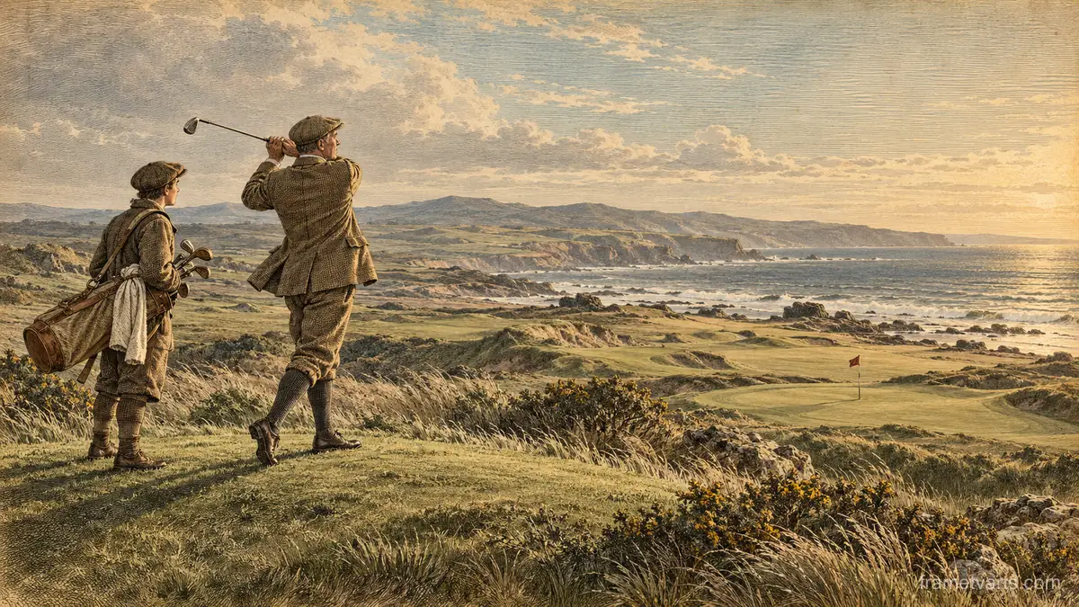 Caddie and golfer in tweed on a windy links – vintage plate engraving Samsung Frame TV art, 4K