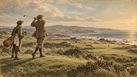 Caddie and golfer in tweed on a windy links – vintage plate engraving Frame TV art
