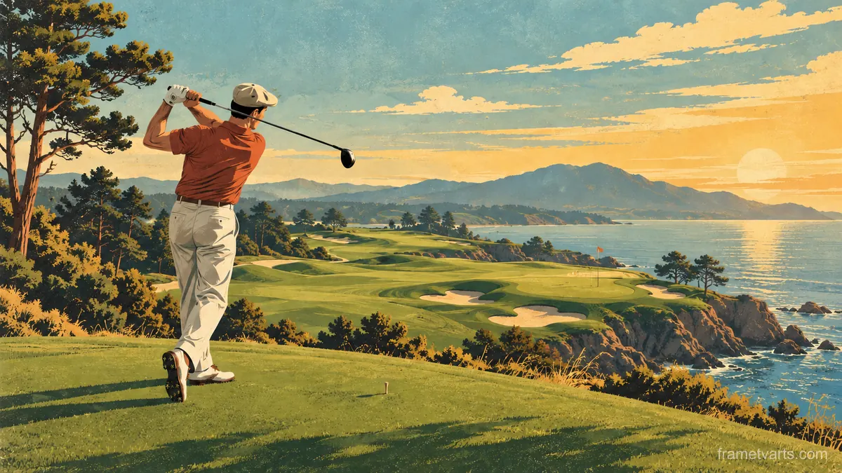 Retro mid-century golfer mid-swing – retro mid-century illustration Samsung Frame TV art, 4K