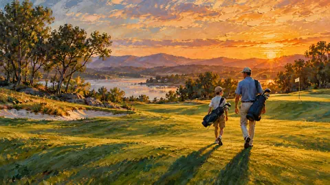 Father and son walking a fairway at sunset – impressionist oil painting Frame TV art