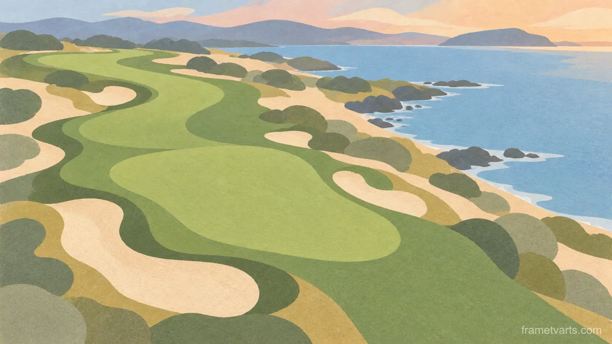 Aerial view of a golf hole as flat shapes – muted pastel organic abstraction Samsung Frame TV art, 4K