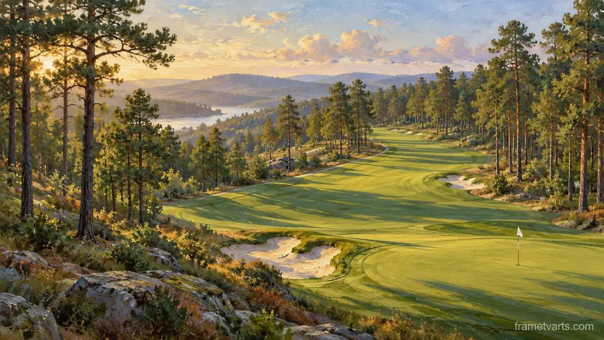Dogleg fairway between tall pines – atmospheric oil painting Samsung Frame TV art, 4K