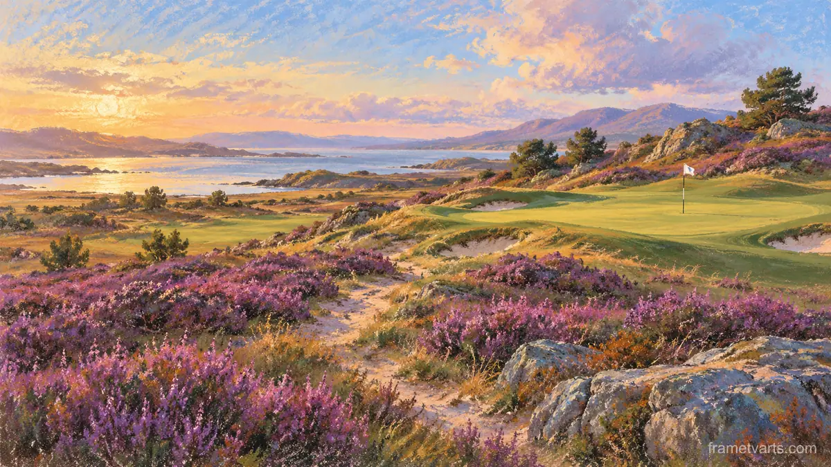 Heathland course with purple heather – soft pastel drawing Samsung Frame TV art, 4K