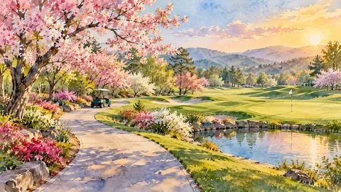Golf cart path through spring blossom – loose watercolor Frame TV art
