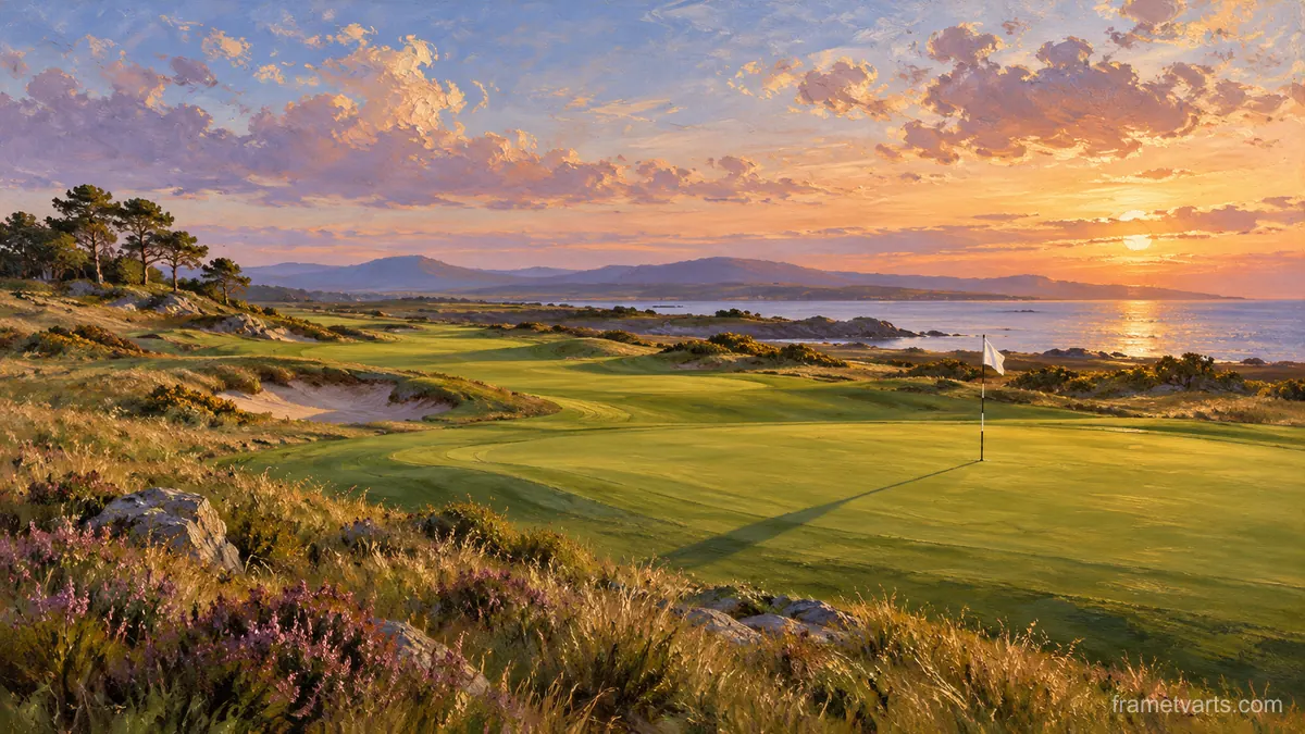 Final green at dusk with long shadows – tonal oil painting Samsung Frame TV art, 4K