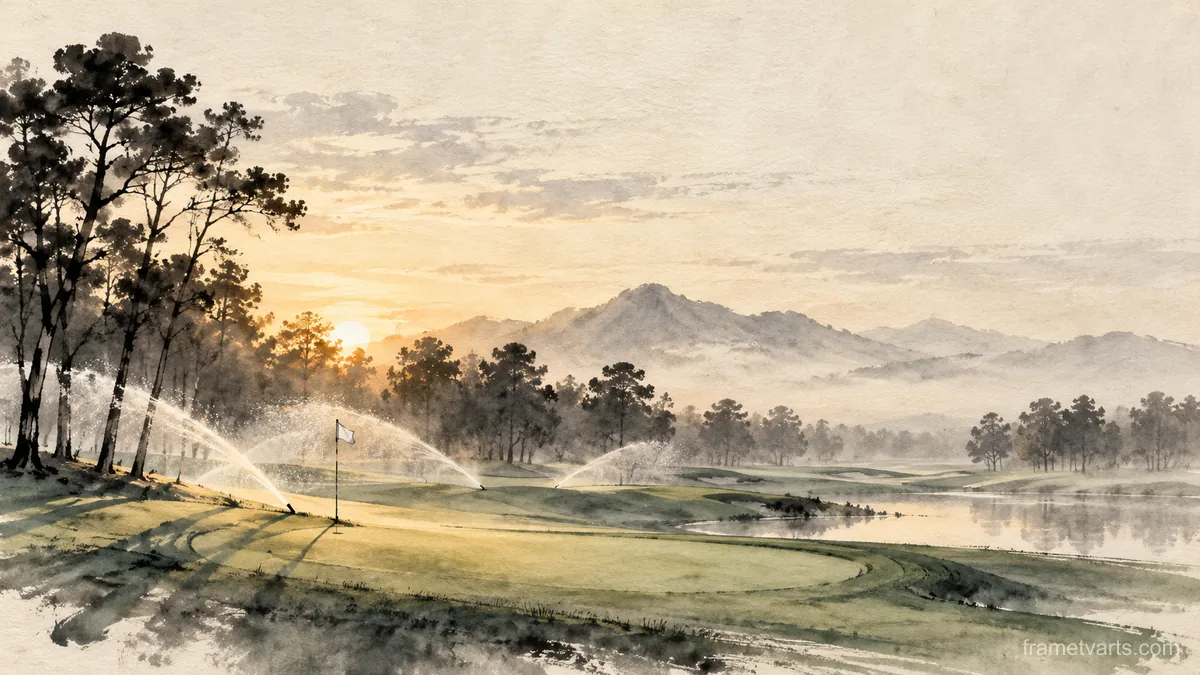 Golf course sprinklers at first light – zen sumi-e ink wash Samsung Frame TV art, 4K