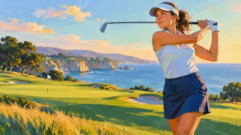 Woman golfer finishing a swing – modern color-block figurative painting Frame TV art