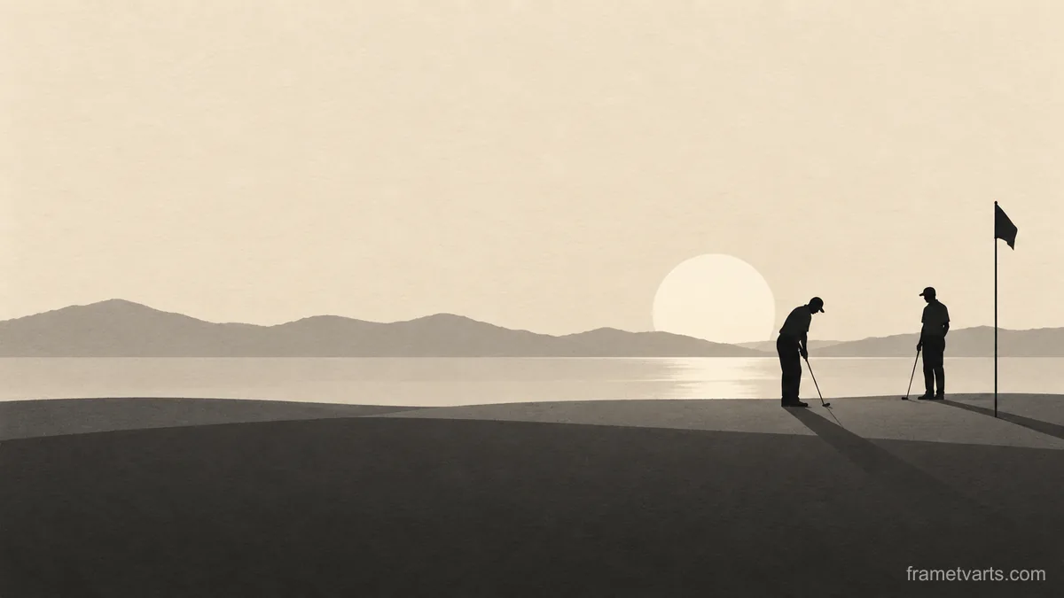 Golfers in silhouette against a sunset – monochrome minimalist abstraction Samsung Frame TV art, 4K