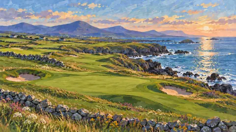 Seaside golf course on a west-of-Ireland shore with stone walls – decorative folk gouache Frame TV art