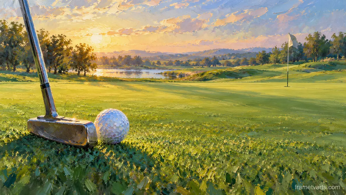 Golf ball and putter on a velvet green – impressionist oil painting Samsung Frame TV art, 4K