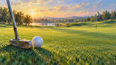 Golf ball and putter on a velvet green – impressionist oil painting Frame TV art