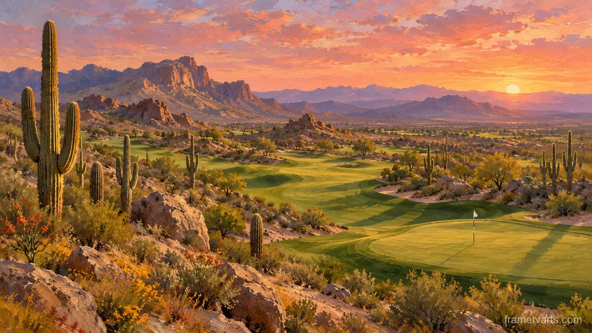 Saguaro-lined golf hole under a pink dusk – classic western oil painting Samsung Frame TV art, 4K