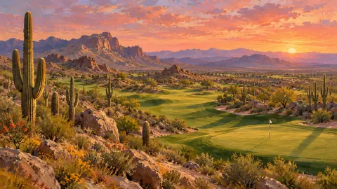 Saguaro-lined golf hole under a pink dusk – classic western oil painting Frame TV art