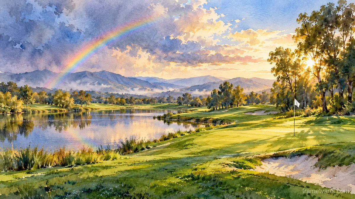 Golf course after rain with a rainbow – loose watercolor Samsung Frame TV art, 4K