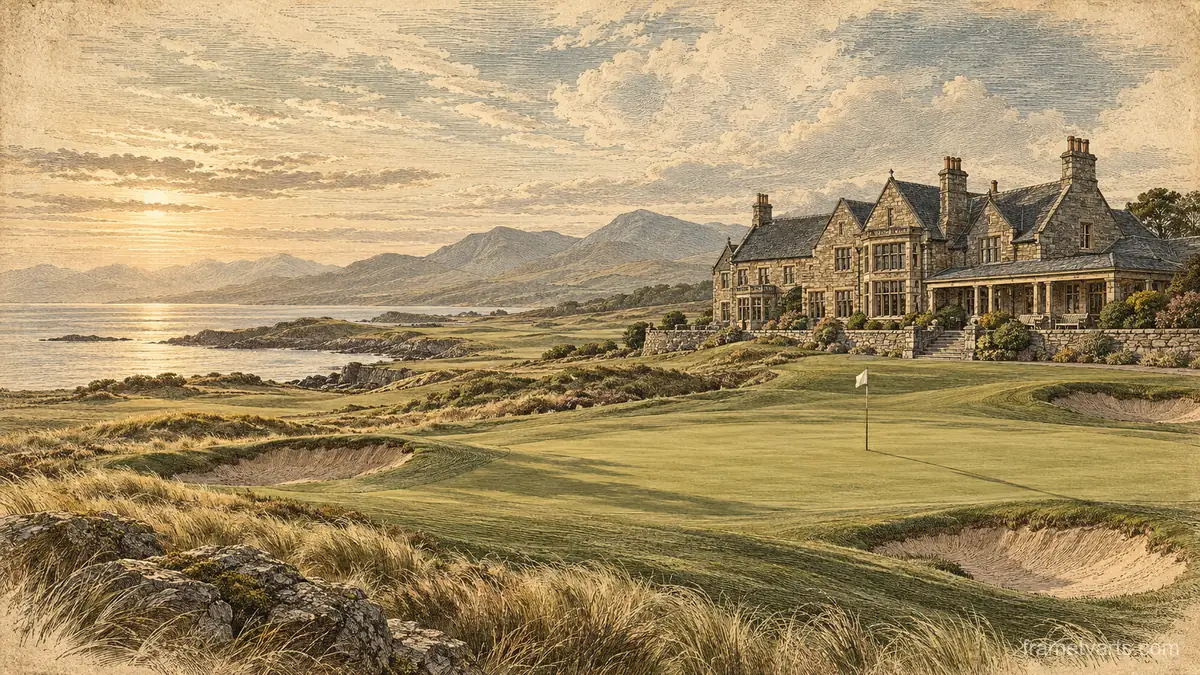 Classic golf clubhouse in Scottish stone – vintage plate engraving Samsung Frame TV art, 4K