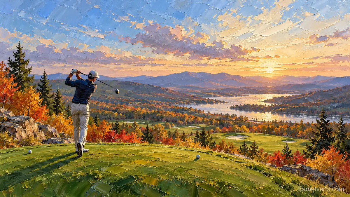 Golfer on a tee box above a valley in autumn – expressive palette-knife painting Samsung Frame TV art, 4K
