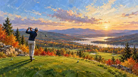 Golfer on a tee box above a valley in autumn – expressive palette-knife painting Frame TV art