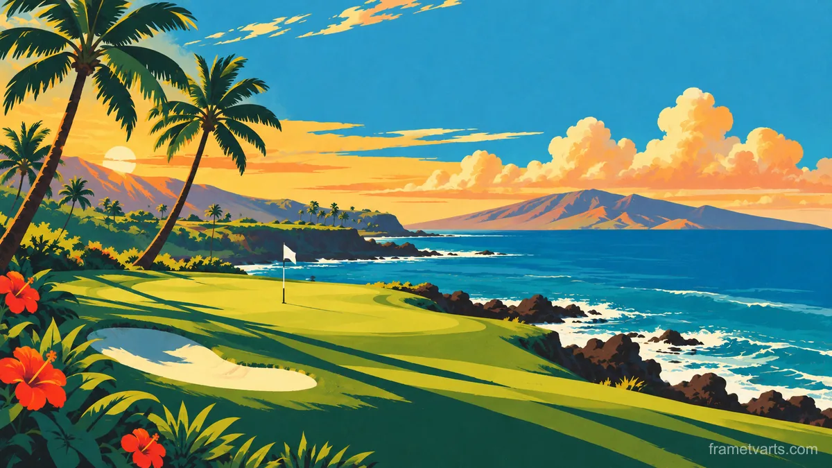 Tropical golf hole with ocean behind – vintage travel poster illustration Samsung Frame TV art, 4K
